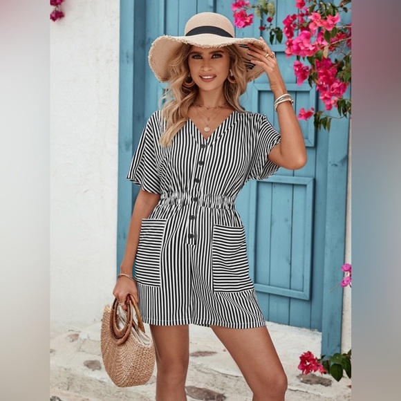Black and White Striper Romper with Buttons and Pockets - Picture 1 of 7